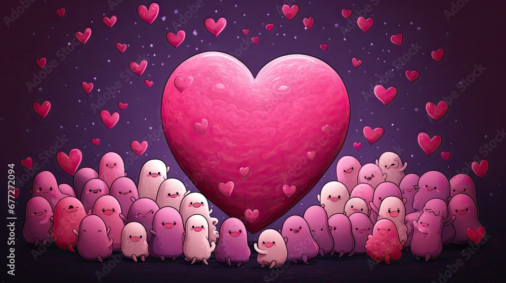 Poster a large heart surrounded by smaller ones in front of a purple background with lots of pink hearts in