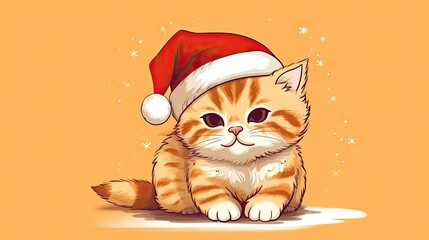  an orange and white cat wearing a santa hat on top of an orange background with snowflakes and snowflakes on the bottom of the cat's head.  generative ai