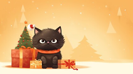  a black cat sitting in front of a christmas tree with a red ribbon around its neck and a red bow around its neck, with a christmas tree in the background.  generative ai