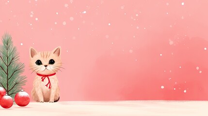  a painting of a cat next to a christmas tree on a pink background with snow falling on the ground and a red ornament with a red ribbon around it.  generative ai - obrazy, fototapety, plakaty