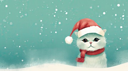  a white cat wearing a red and white santa hat with snowflakes on it's sides and a red scarf around its neck, with a red and white pom.  generative ai