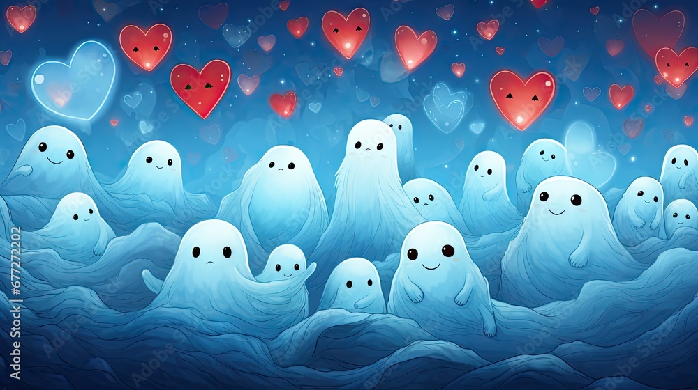 Poster a painting of a group of ghost with hearts floating in the air in front of a blue background with he
