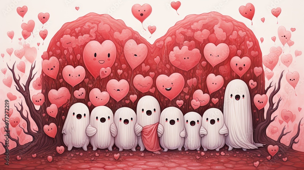 Aufkleber a painting of a group of ghost standing in front of a group of heart - shaped trees in a field of re