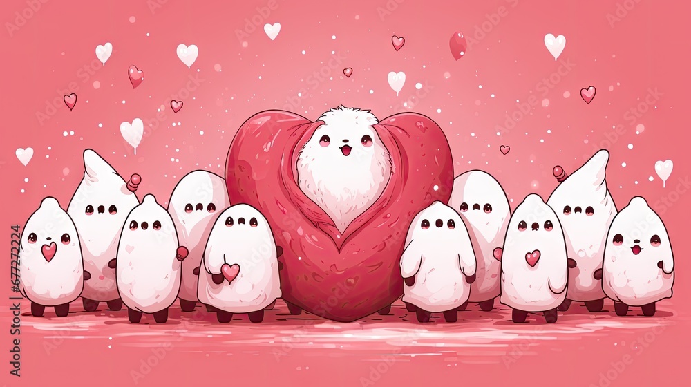 Aufkleber a bunch of little white birds standing in front of a big red heart with a big red heart in the middl