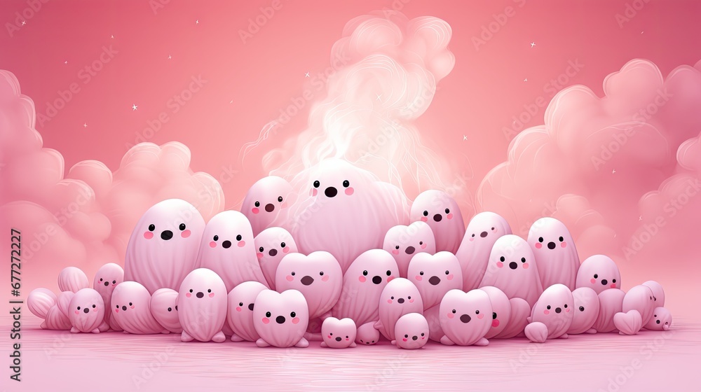Poster a group of small white objects in the middle of a body of water with pink clouds in the background a