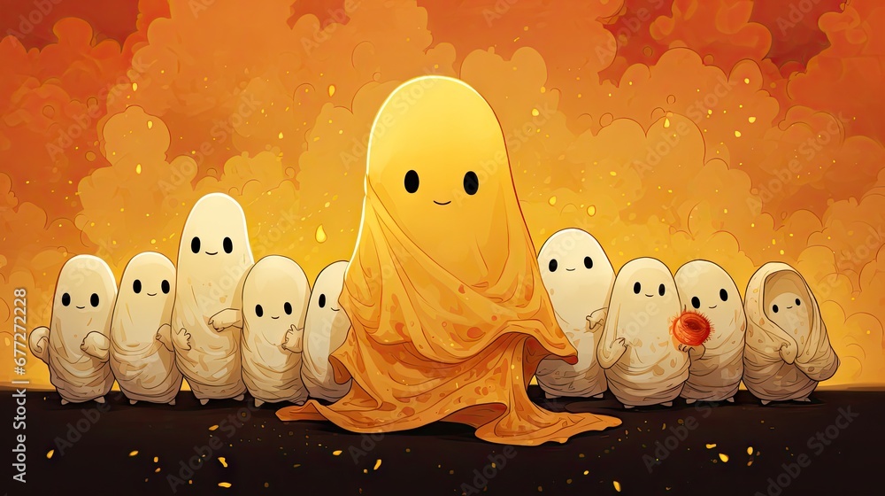 Aufkleber a group of ghost standing next to each other in front of a group of white ghost in a dark room with 