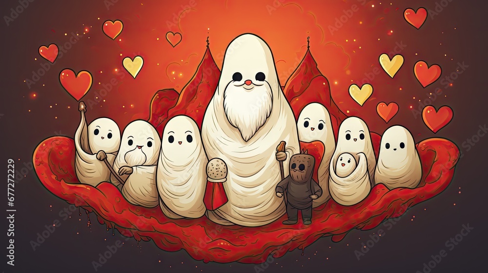 Aufkleber a group of ghost like creatures standing in front of a heart - shaped mountain with lots of red and 