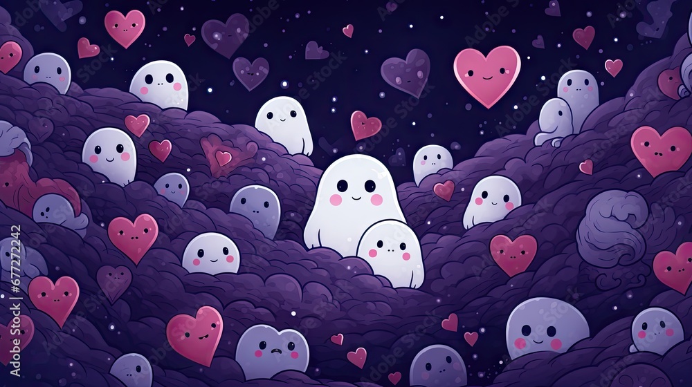 Poster a group of ghost in the middle of a field with hearts in the air and a sky filled with stars and a f
