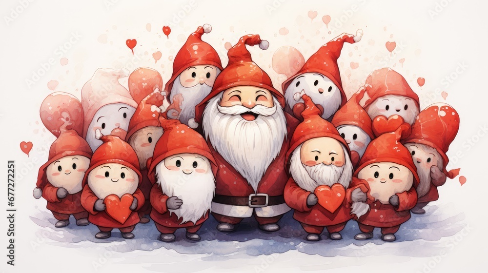 Poster a group of gnomes standing next to each other in front of a white background with hearts in the shap