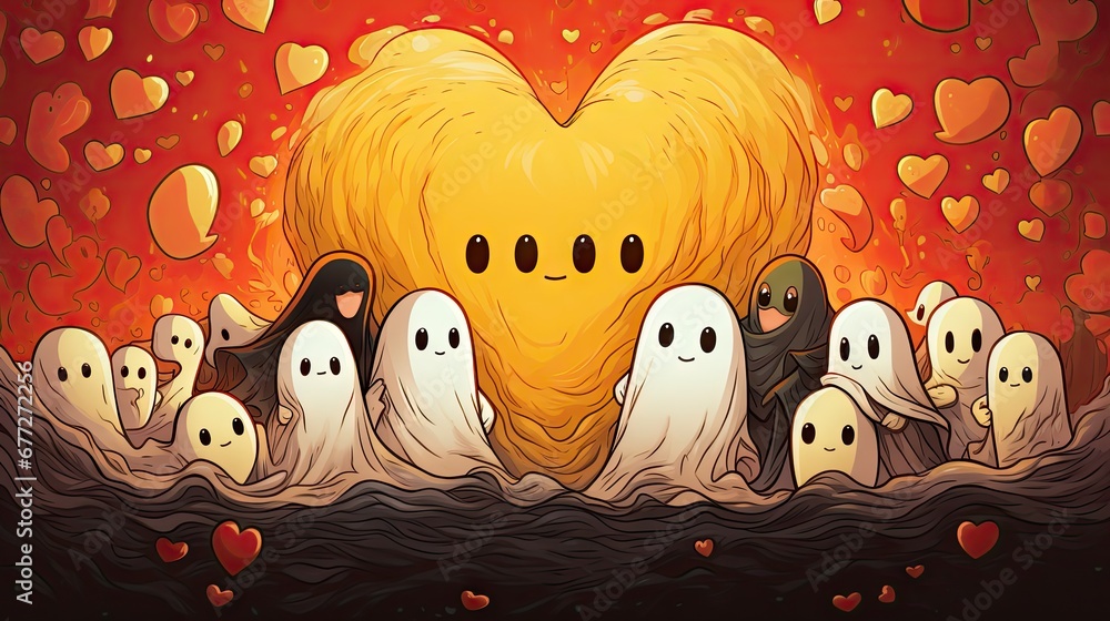 Poster a painting of a heart surrounded by a group of ghost like people in front of a large heart surrounde