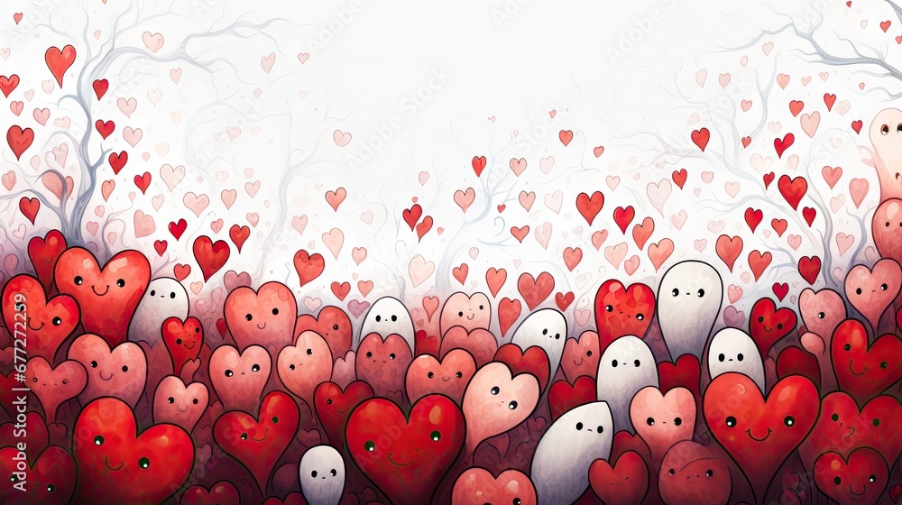 Poster a painting of a bunch of hearts in the middle of a field with trees and a sky in the background with