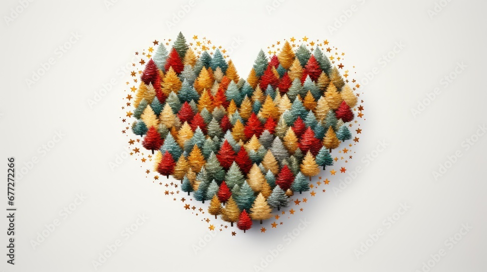Aufkleber a heart - shaped piece of yarn with a pattern of small trees in the shape of a heart, on a white bac