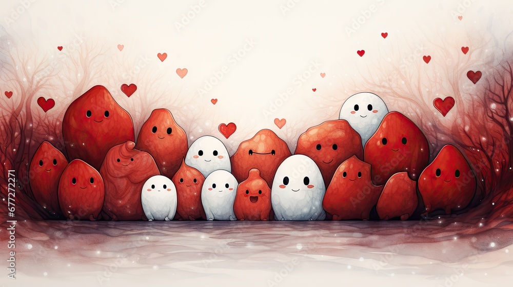 Poster a painting of a group of red and white eggs with faces in the middle of a group of red and white egg