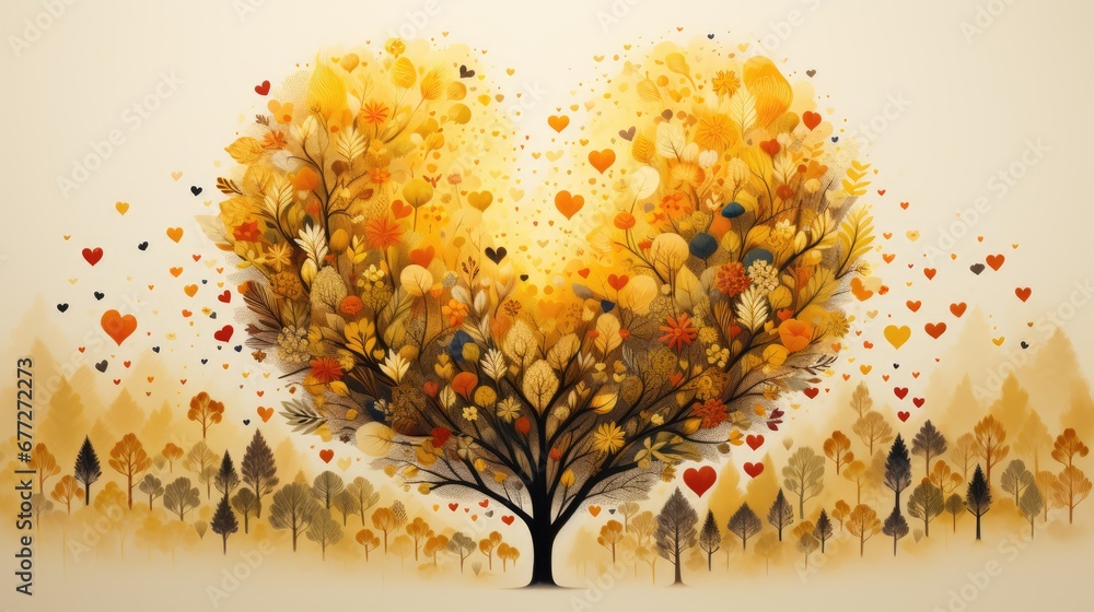 Poster a painting of a tree in the middle of a forest with hearts flying out of it's branches and the sun s
