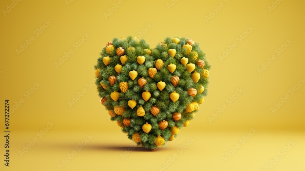 Poster a heart - shaped arrangement of oranges and pineapples arranged in the shape of a heart on a yellow 