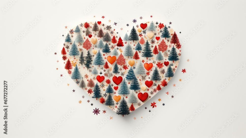 Poster a heart shaped paper cut out of paper with a pattern of trees and snowflakes in the shape of a heart