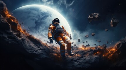 Astronaut near the moon rover on the moon. With land on the horizon