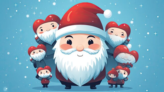  a group of santa clauss standing next to each other in front of a blue background with snowflakes and snowflakes on the bottom of the image.  generative ai