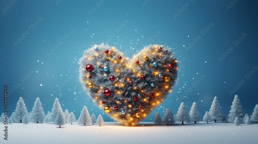 Poster a heart - shaped christmas tree with lights in the middle of a snowy landscape with trees in the for