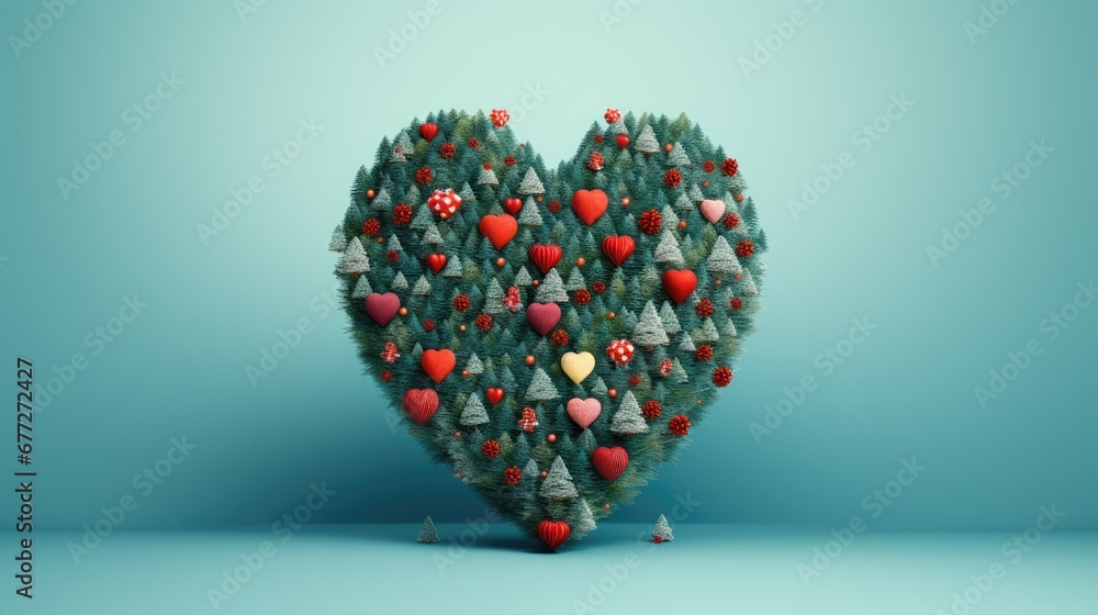 Poster a christmas tree shaped like a heart on a blue background with other christmas trees in the shape of