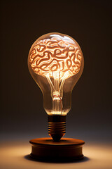 Human brain glowing inside of light bulb on dark background.Generative AI