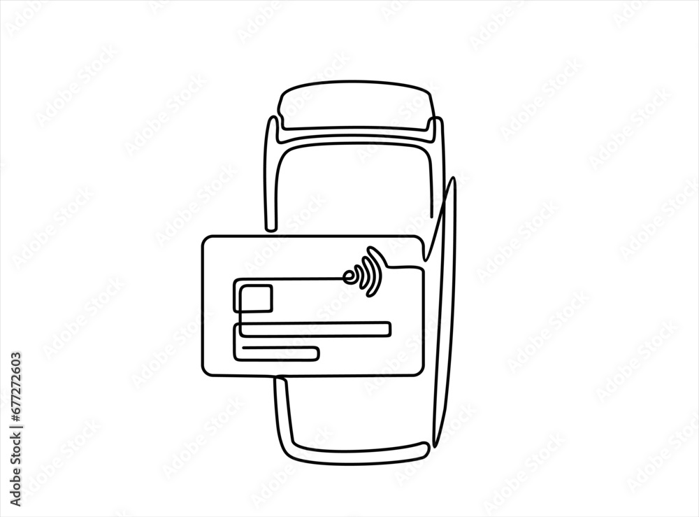 Poster continuous one line drawing of pos payment terminal with gprs and credit card on a white background.