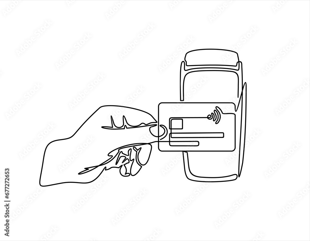 Poster continuous one line drawing hand of using a credit or debit card for transactions through the termin