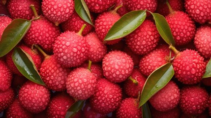  a pile of red raspberries with green leaves on top of them and water droplets on the top of the...