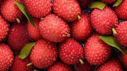  a close up of a bunch of raspberries with water droplets on them and a green leaf sticking out of...