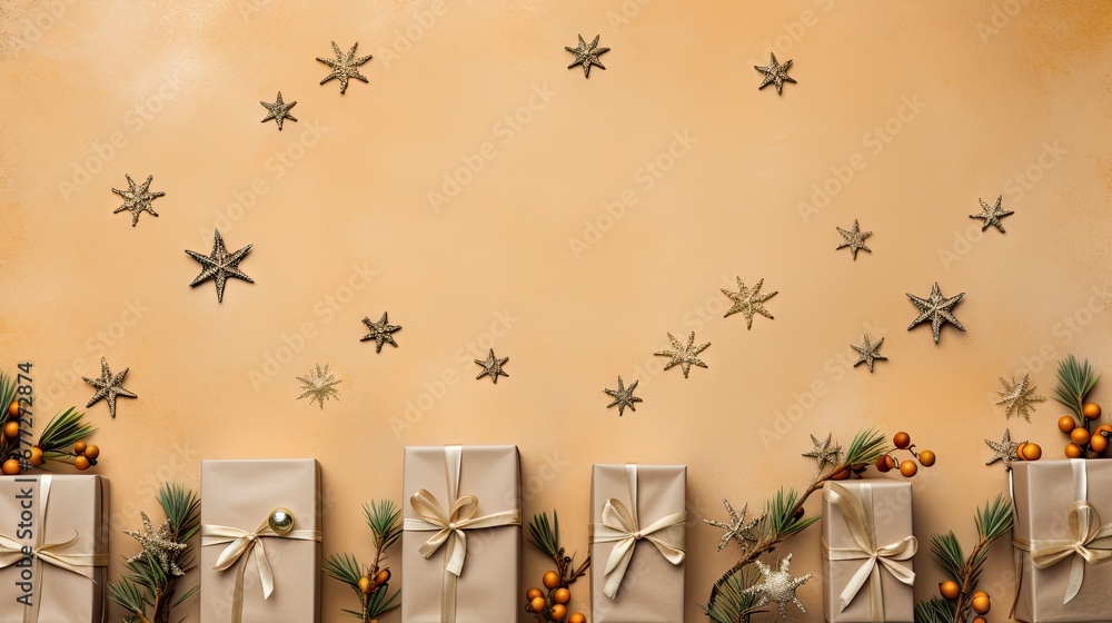 Poster a group of wrapped presents sitting on top of a table next to a wall with star decorations on the to