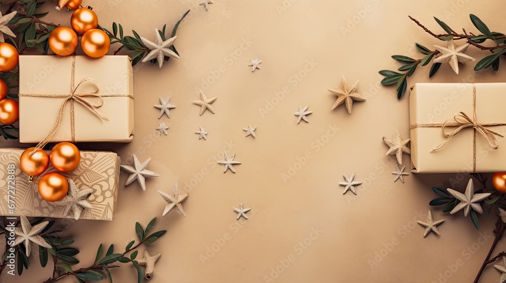 Poster two presents wrapped in white paper and tied with twine of twine with star decorations on the side o