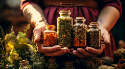 close-up of a woman holding supplements with herbs in her hands.Generative AI