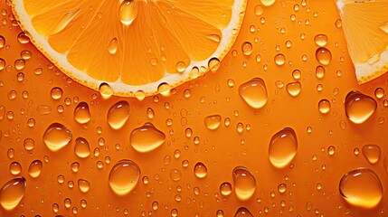  a slice of orange sitting on top of a table covered in drops of water next to a slice of orange on...