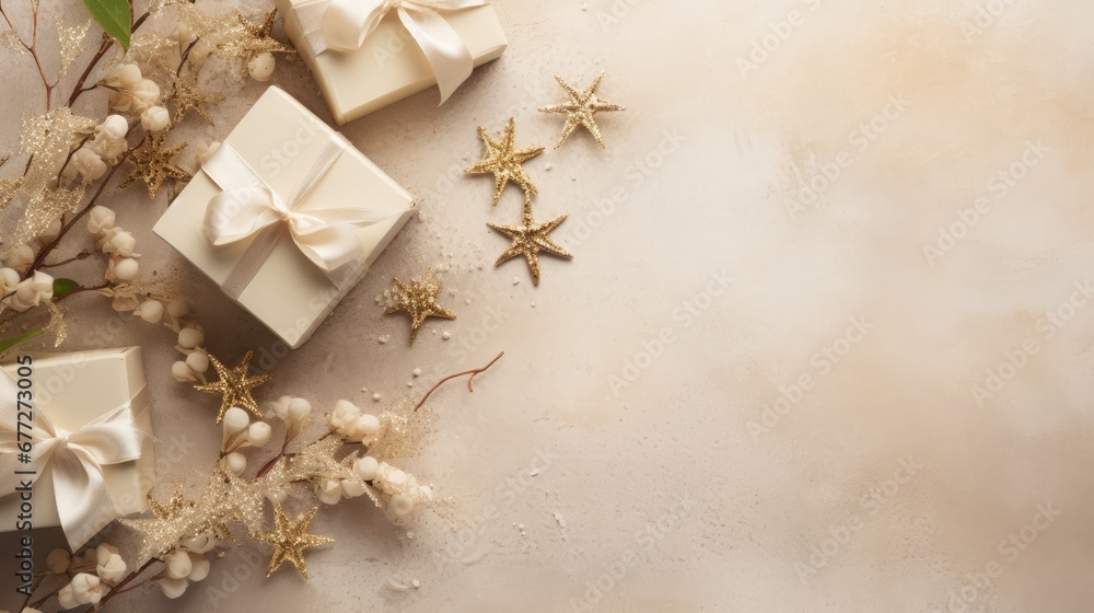 Poster a group of wrapped presents sitting on top of a table next to a bunch of flowers and a starfish on t