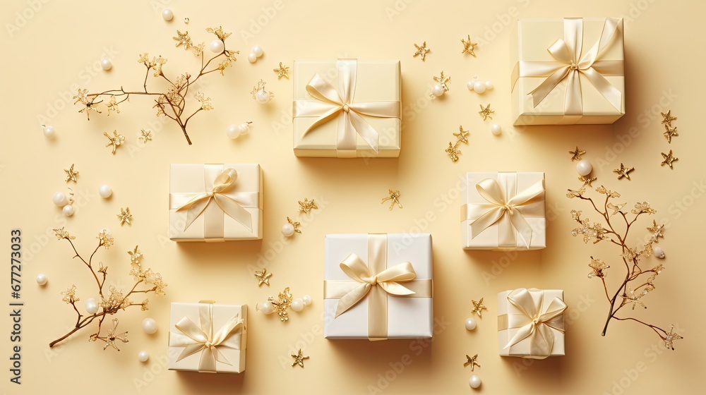 Poster a group of wrapped presents sitting on top of a table next to a branch of twig and a bunch of baby's