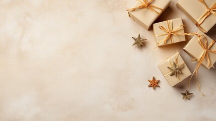  a group of presents wrapped in brown paper and tied with gold ribbon and starfish on top of a white background with a gold ribbon and gold stars on the bottom.  generative ai