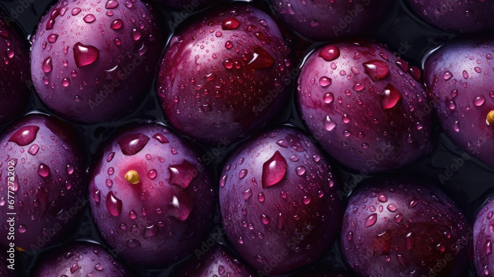 Poster a group of plums with drops of water on them and a yellow spot in the middle of the middle of the pi