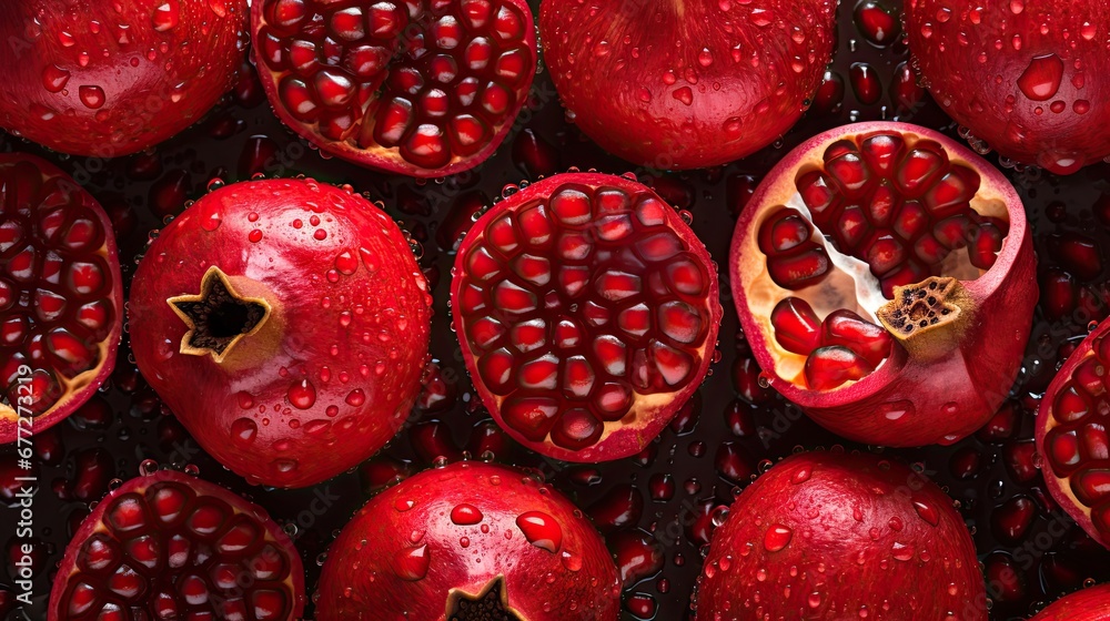 Poster a bunch of pomegranates that have been cut open to show the inside of the pomegranates and the insid