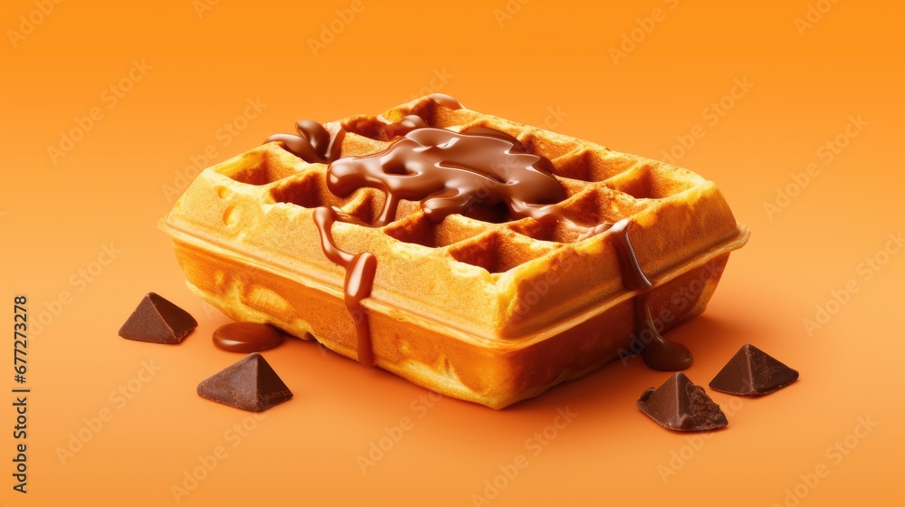 Aufkleber a waffle topped with chocolate and drizzled with a drizzle of chocolate on an orange background with