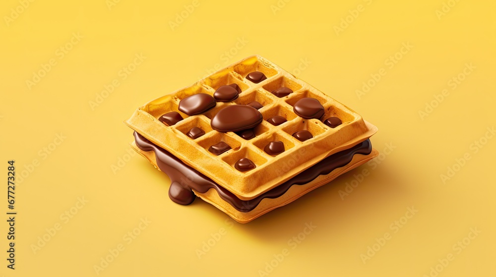 Poster a waffle with chocolate on top of it on a yellow background with a shadow of the waffle on the botto