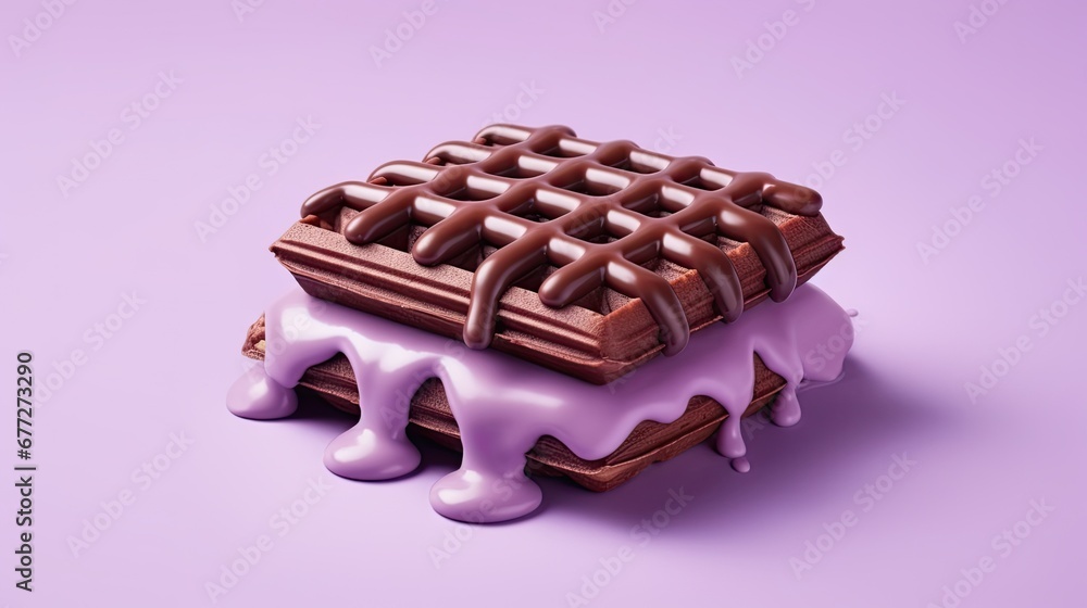Poster a waffle covered in chocolate and drizzled with pink icing on a purple background with a drizzle of 
