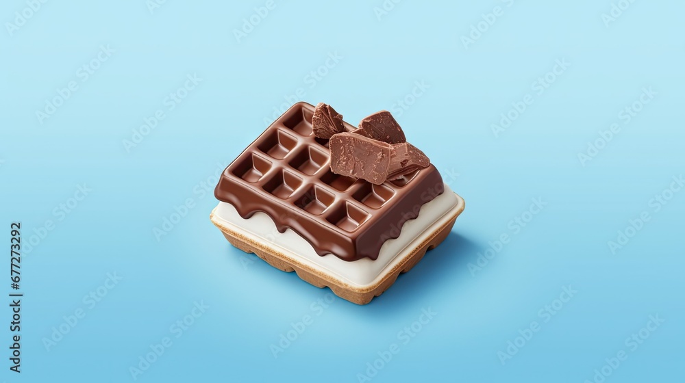 Poster a waffle with chocolate on top of it on a blue background with a bite taken out of one of the waffle