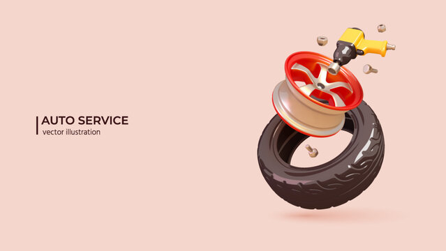 3D Auto Repair Service Concept. Realistic 3d design of Cars Tire, Rim, Pneumatic Screwdriver and Bolts. 3D Vector illustration in cartoon minimal style.