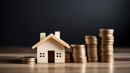 Wooden house and gold coin. concept of buying and selling. Generative AI