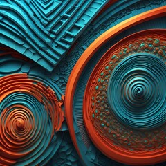 Dekor aus verschlungenen Formen und Fibunacci Sequenz Spiralen, Kreise und Linien in blau und orange leuchtend, als Hintergrund und Vorlage zur Design Gestaltung für Karten, Einladungen 