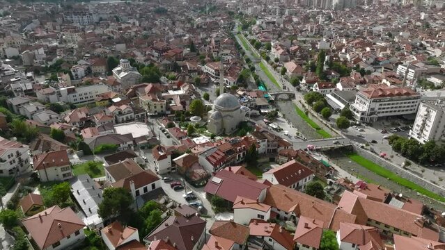 Aerial Cityscape of the historic town Prizren in Kosovo, Europe. Old Capital at cloudy weather