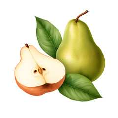 Illustration of a whole and sliced pears with a vibrant leaf, on a transparent background, depicting freshness and health.