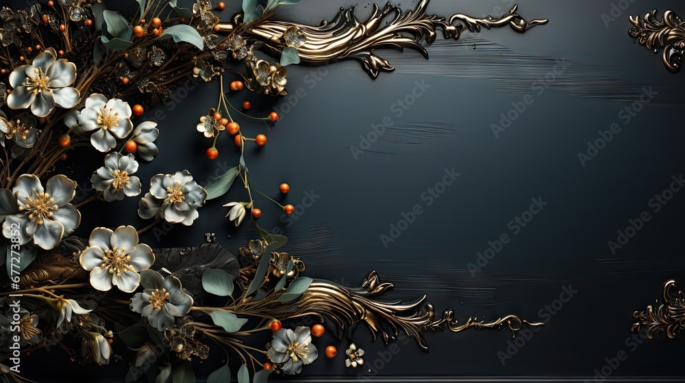 Poster a black background with a bunch of flowers and a gold frame on the left side of the frame is a black