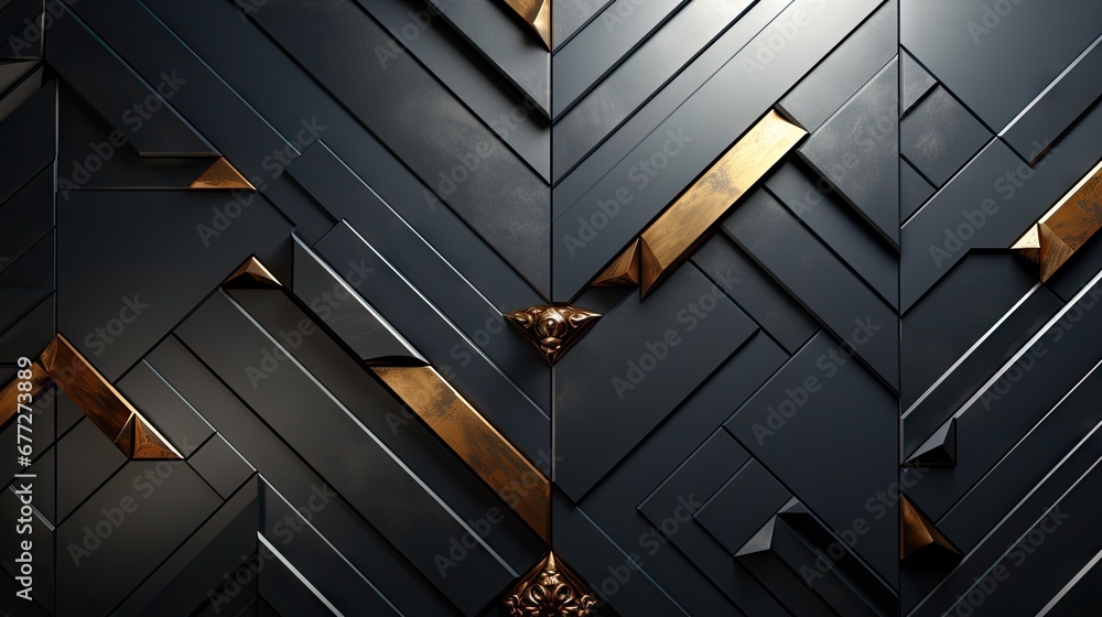 Poster a black and gold geometric wall with a clock on it's side and a clock on the side of the wall with a