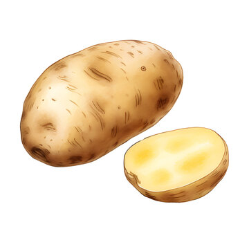 Illustration of a whole and sliced potato on a transparent background, depicting freshness and health.
